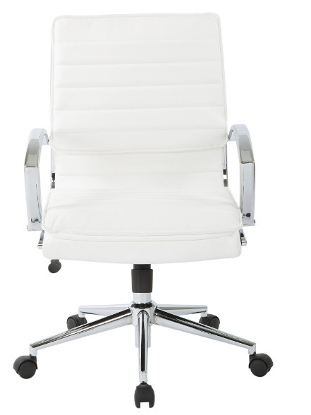 Valiant Products Themis mid-back ergonomic office chair in white faux leather with chrome arms and base.