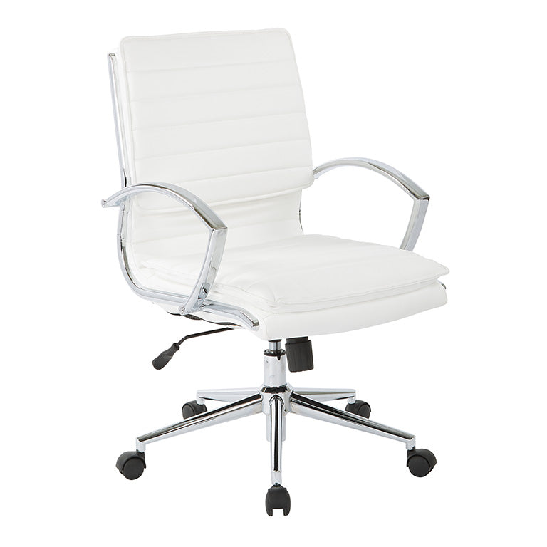Valiant Products Themis mid-back office chair in white faux leather with chrome frame, arms, and base.