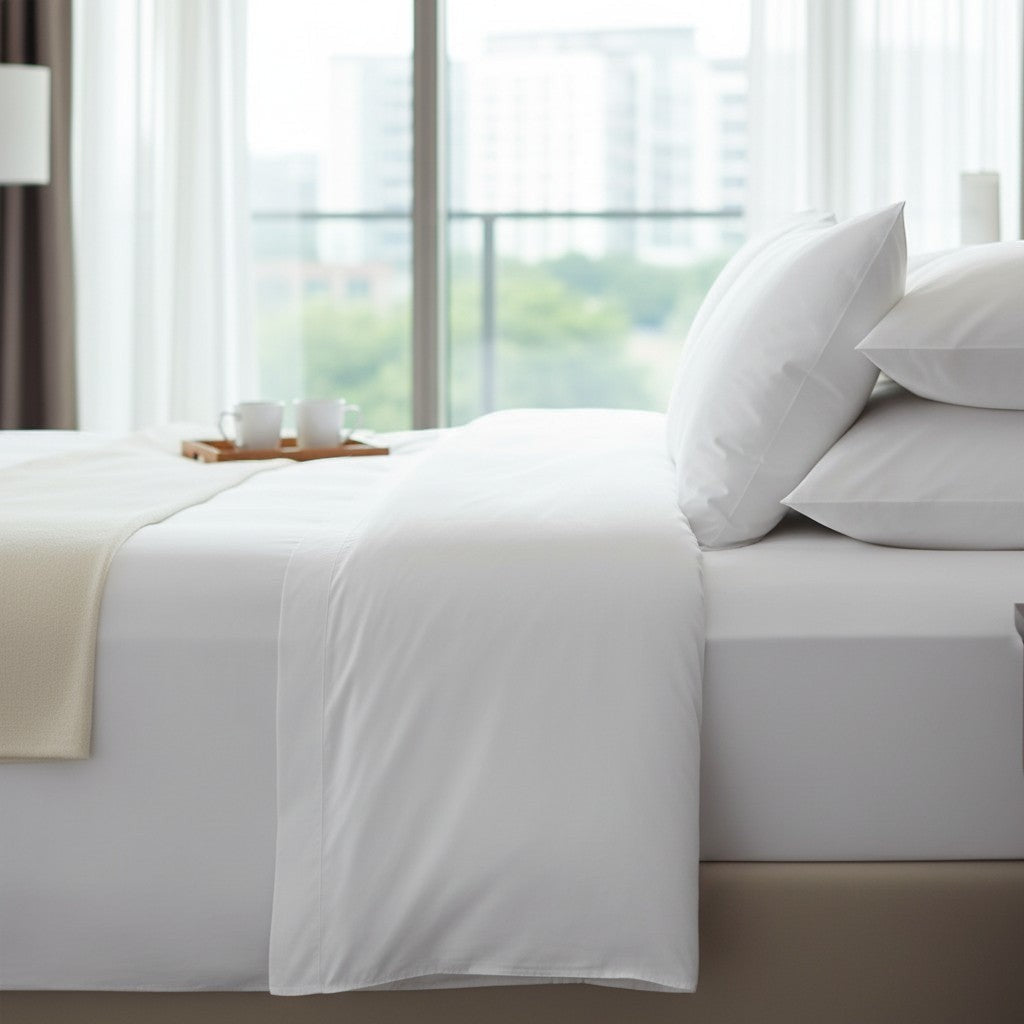 Valiant Products Simplicity 180 thread count white fitted sheet on a neatly made bed in a bright, modern room.