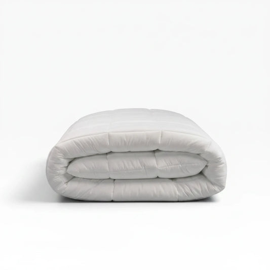 Valiant Products Ultra Touch white microfiber down alternative comforter with 8-inch quilted box stitch design.
