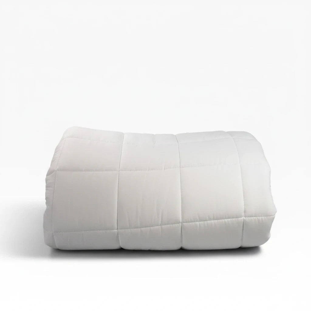 Valiant Products Ultra Touch white microfiber down alternative comforter with 8-inch quilted box stitch design.