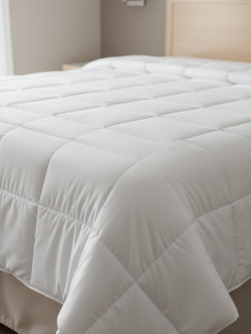Valiant Products Ultra Touch white microfiber down alternative comforter with 8-inch quilted box stitch design.
