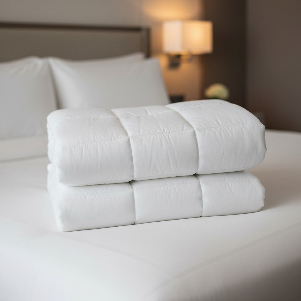 Valiant Products Ultra Touch white microfiber down alternative comforter folded neatly on a hotel bed.