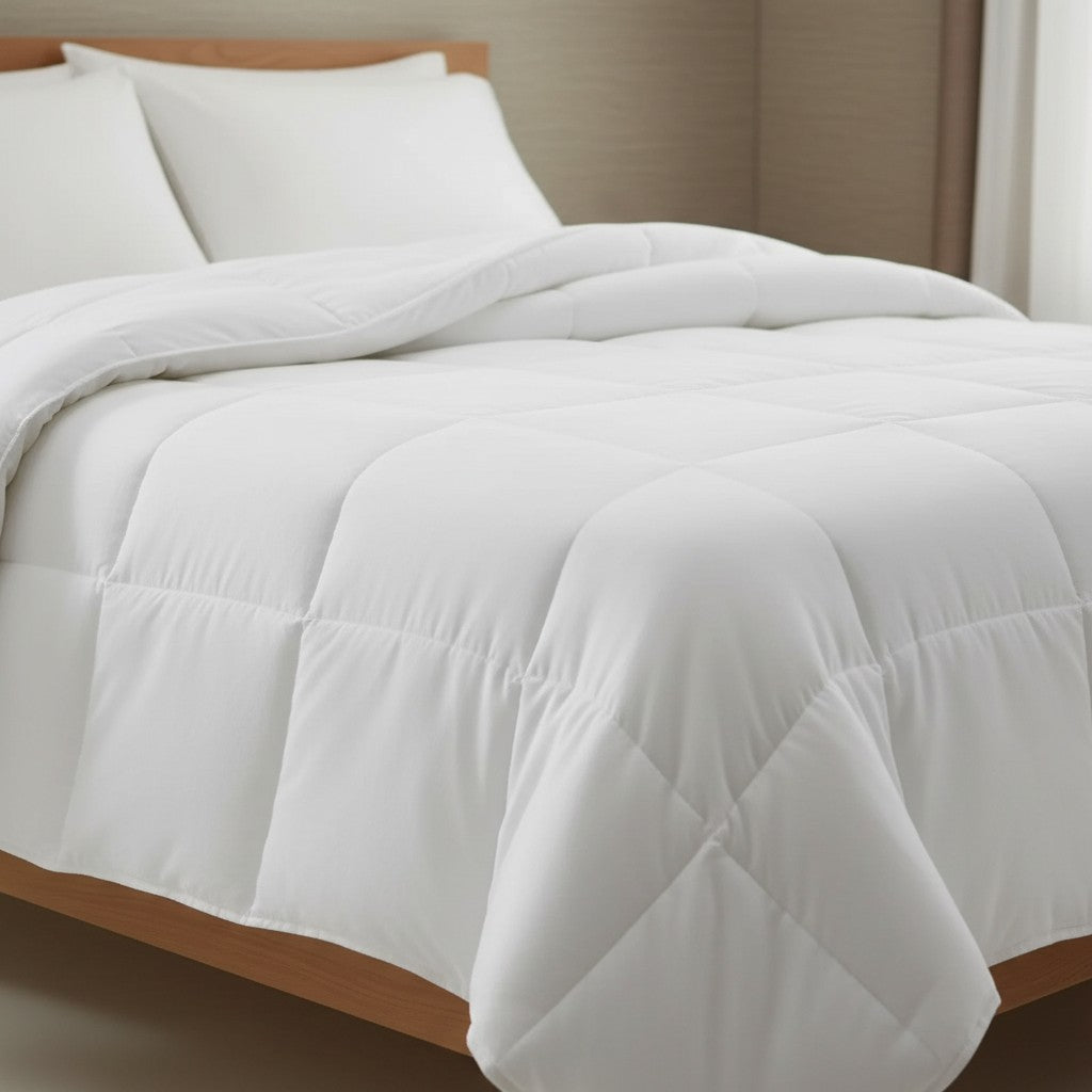 Valiant Products white microfiber down alternative comforter with 8-inch quilted box stitch on a wooden bed frame.