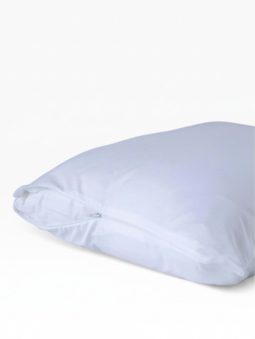 Valiant Products white brushed microfiber pillow protector with a secure nylon zipper closure and knife edge finish.