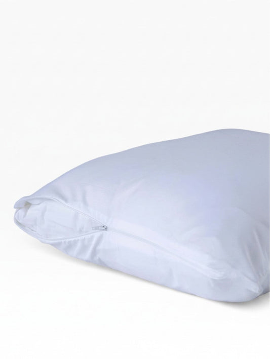 Valiant Products white brushed microfiber pillow protector with a secure nylon zipper closure and knife edge finish.