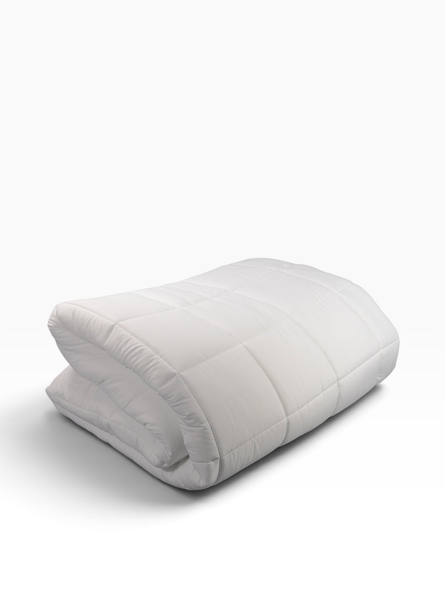 Valiant Products white microfiber down alternative comforter with 8-inch quilted box stitch design for hospitality use.