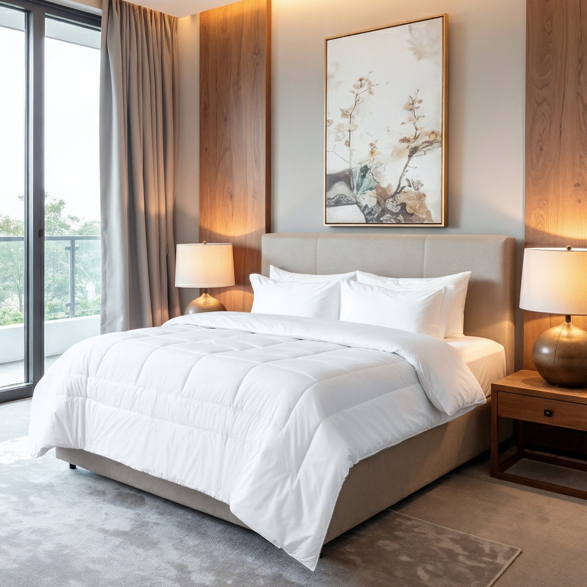 Valiant Products white quilted down alternative comforter on a luxury hotel bed with neutral decor.
