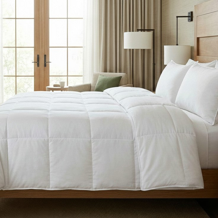 Valiant Products Ultra Touch white quilted down alternative microfiber blanket on a hotel bed with box stitch design.