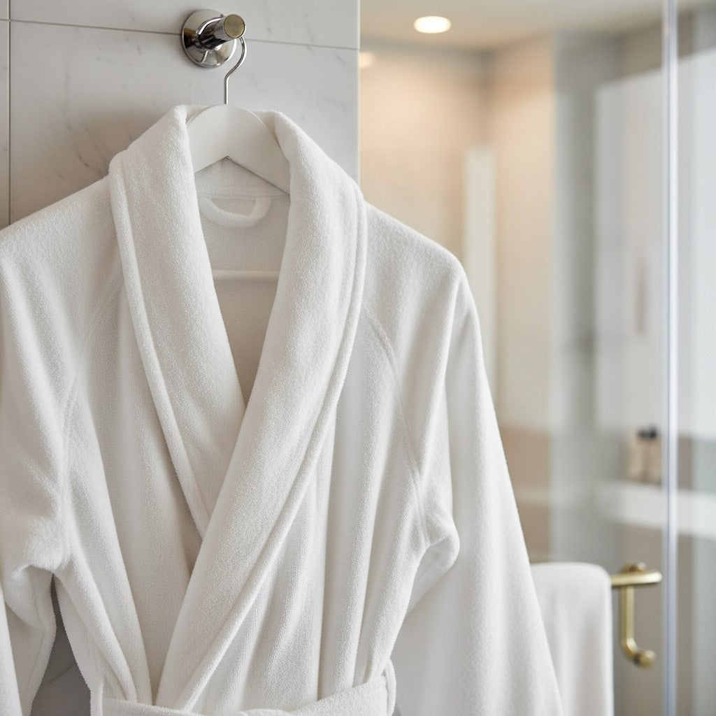 Valiant Products white Ultra Touch robe with a shawl collar hanging on a hook in a luxury hotel bathroom