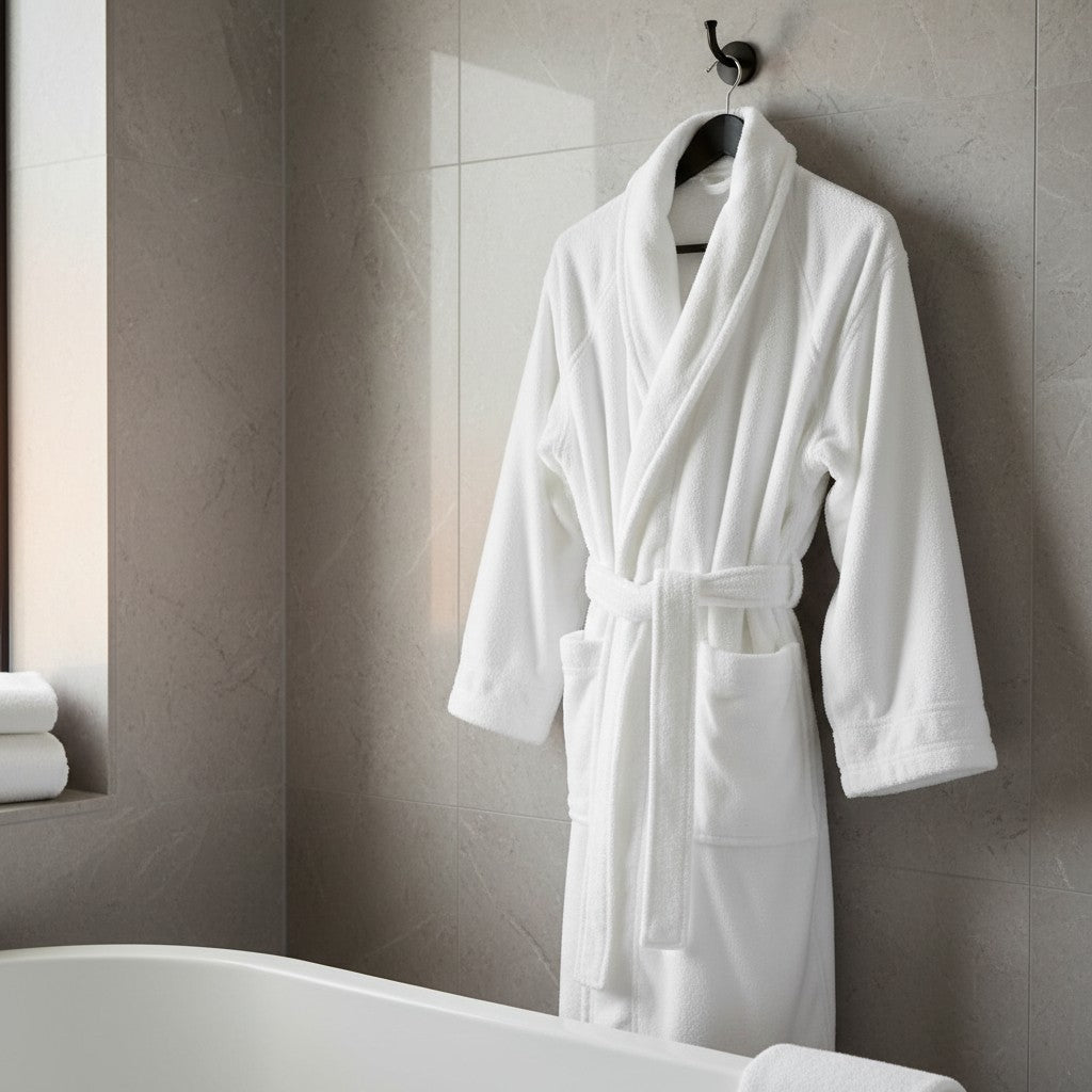 Valiant Products Ultra Touch white plush shawl collar robe with LOOPLOCK technology hanging in a modern bathroom