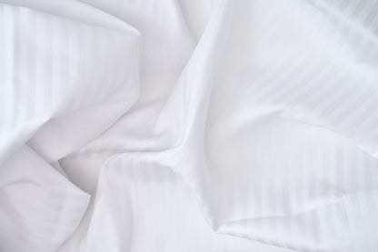 Valiant Products white fitted sheet with elegant tone-on-tone satin stripe weave and 310 thread count cotton blend