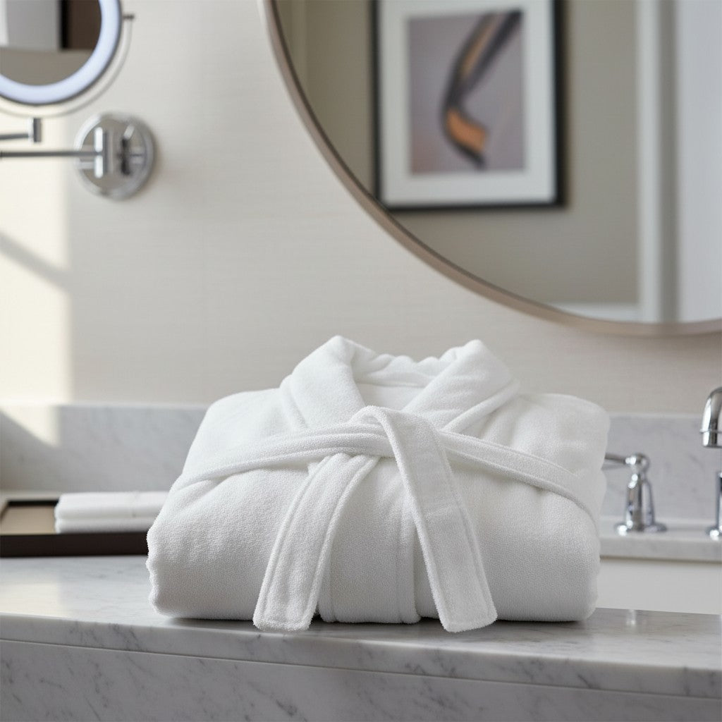 Valiant Products white Ultra Touch robe with shawl collar and belt, neatly folded on a marble bathroom vanity.