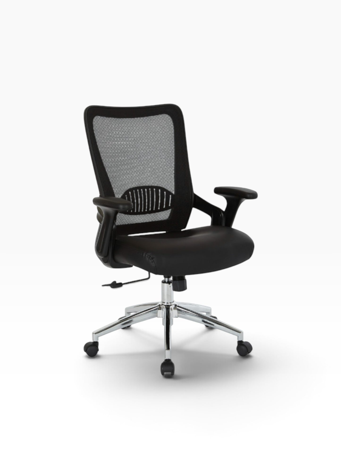 Valiant Products Willow ergonomic office chair with black mesh back, padded seat, flip-up arms, and chrome base.