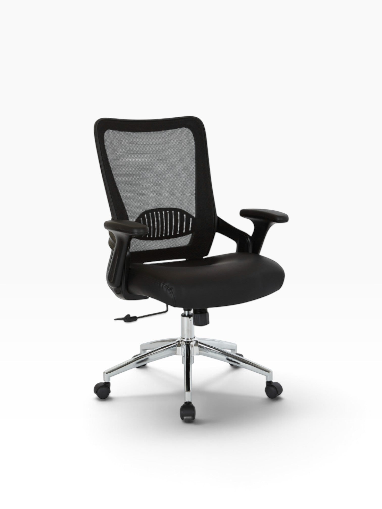 Valiant Products Willow ergonomic office chair with black mesh back, padded seat, flip-up arms, and chrome base.