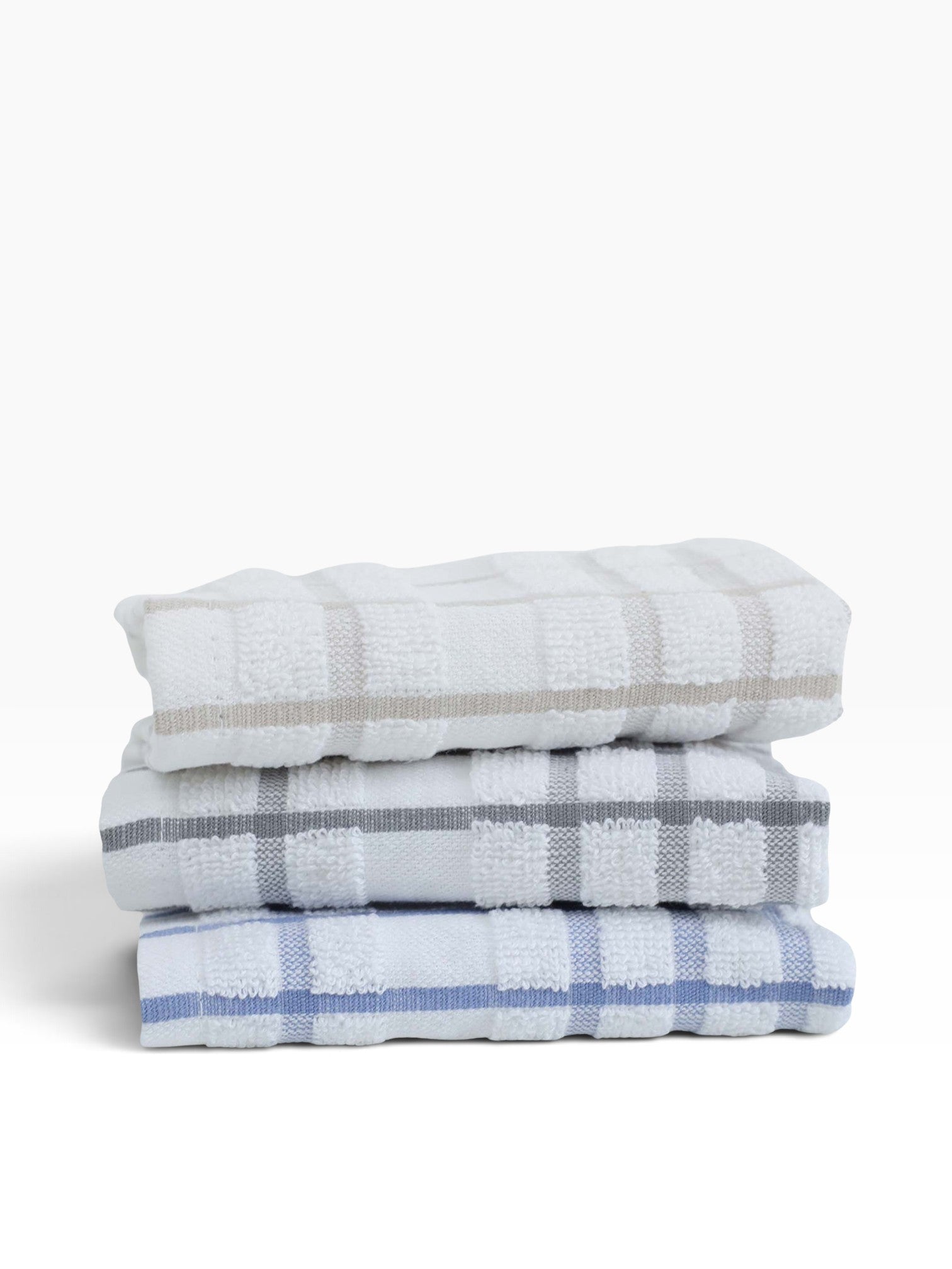 Valiant Products windowpane dish cloths in white with blue, grey, and khaki patterns, made of 100% ring spun cotton.