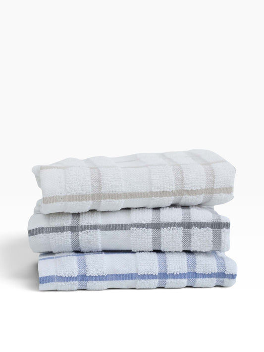 Valiant Products windowpane dish cloths in white with blue, grey, and khaki patterns, made of 100% ring spun cotton.