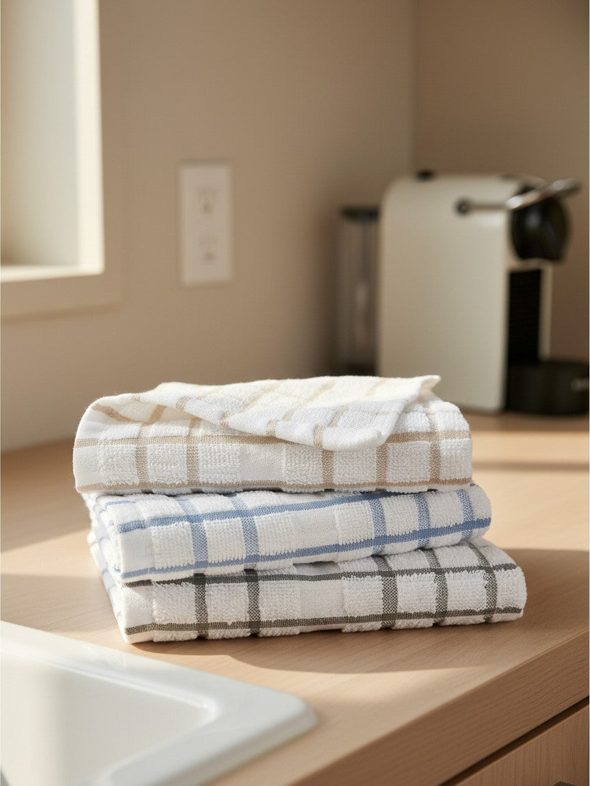 Valiant Products stack of three white cotton kitchen towels with blue, khaki, and grey windowpane check patterns.
