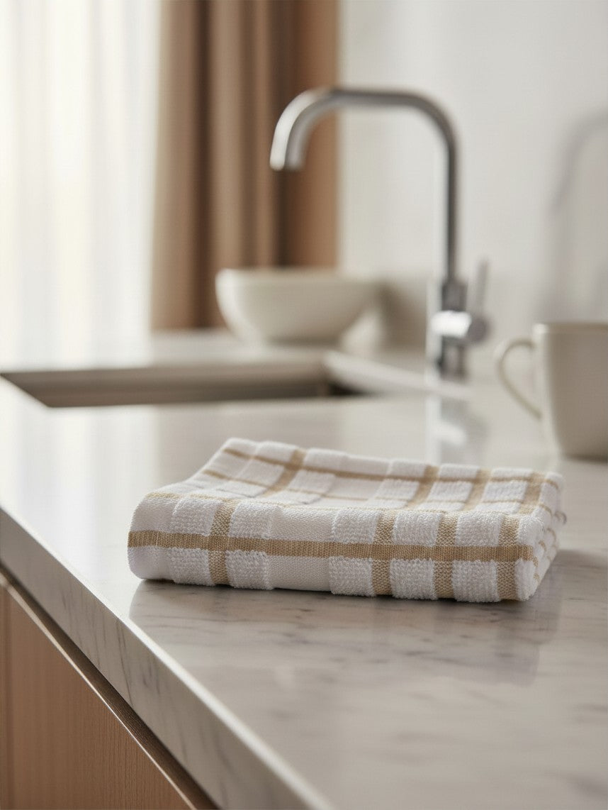 Valiant Products white and khaki windowpane dish cloth made of ring spun cotton on a marble kitchen countertop