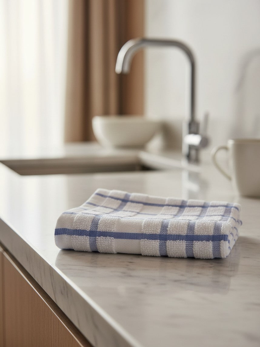 Valiant Products white and blue windowpane dish cloth made of ring spun cotton on a marble kitchen countertop