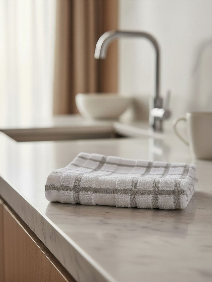 Valiant Products white and grey windowpane dish cloth made of 100% ring spun cotton on a marble kitchen countertop.