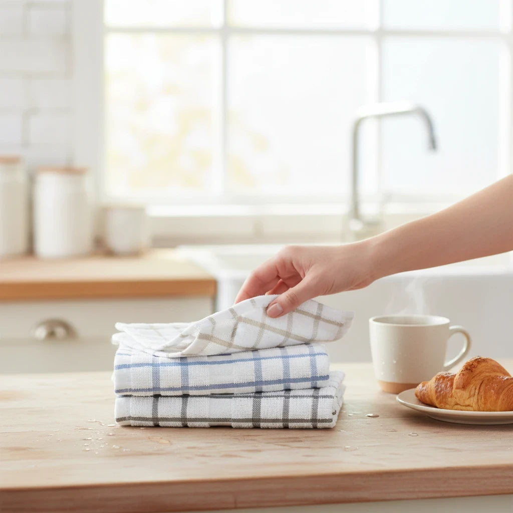 Valiant Products windowpane dish cloths in a stack on a wooden kitchen counter with a hand reaching for the top cloth
