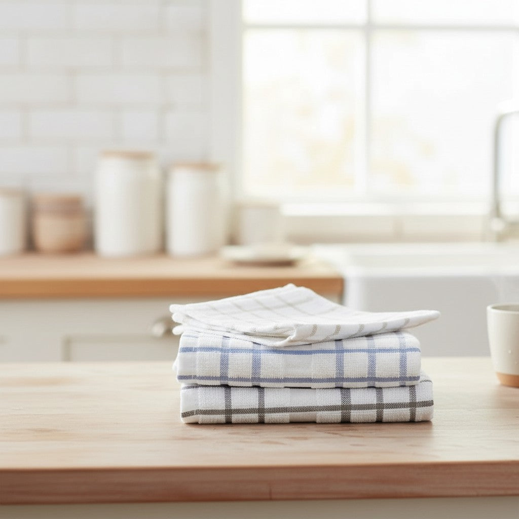 Valiant Products windowpane dish cloths in white with blue and grey checks stacked on a wooden kitchen counter