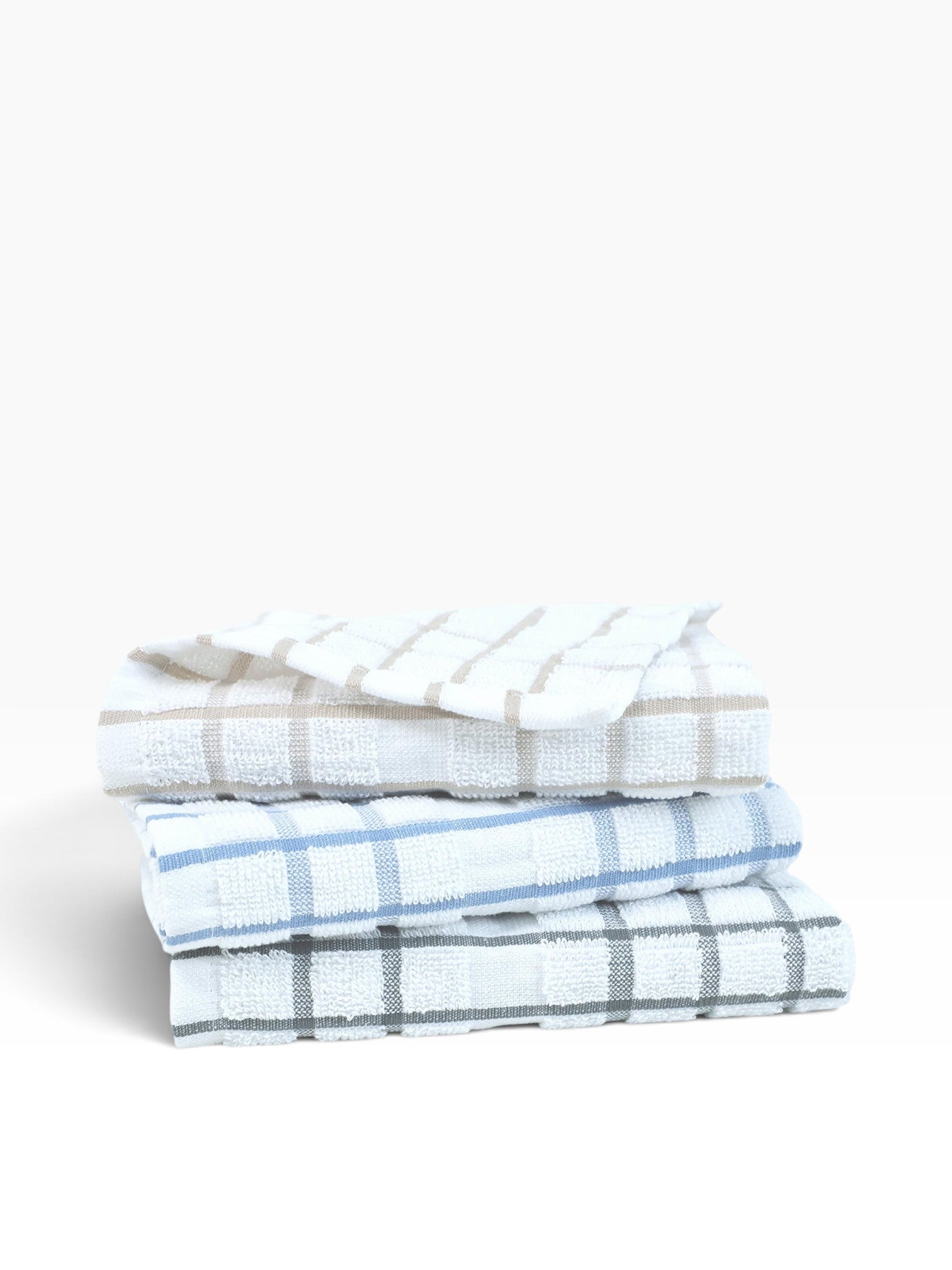 Valiant Products windowpane kitchen towels in white with blue, khaki, and grey checkered patterns, 100% cotton set.