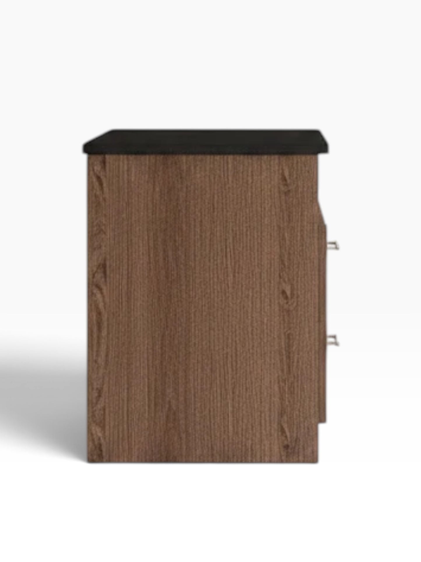 Valiant Products 2 drawer chest with cubby featuring a dark wood grain finish and black top surface, side view