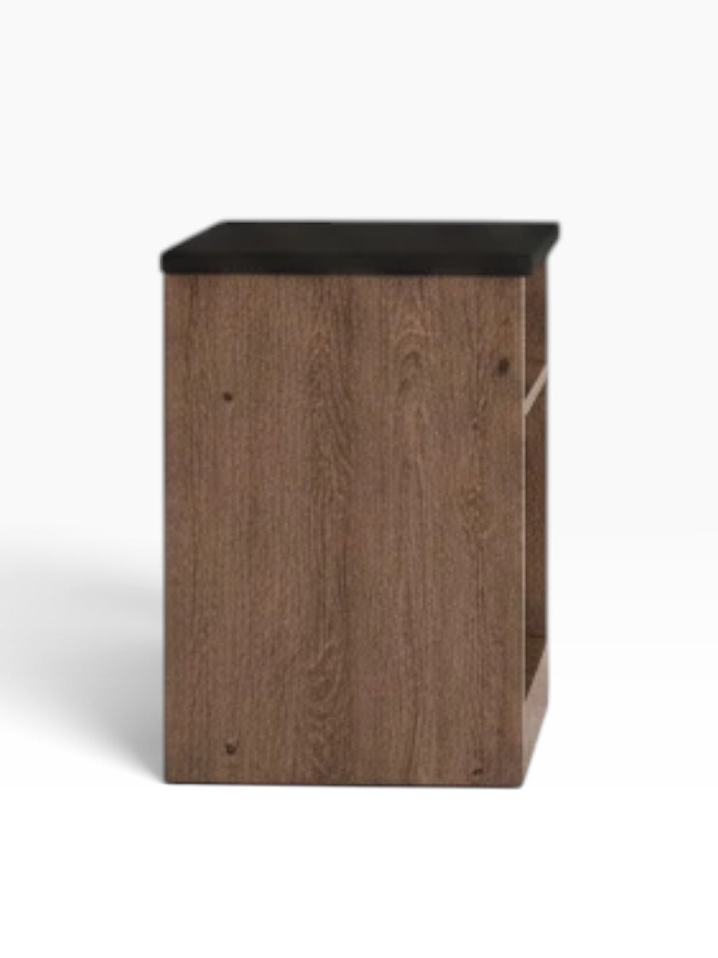 Valiant Products freestanding nightstand with a dark top and wood grain finish featuring two open storage shelves.