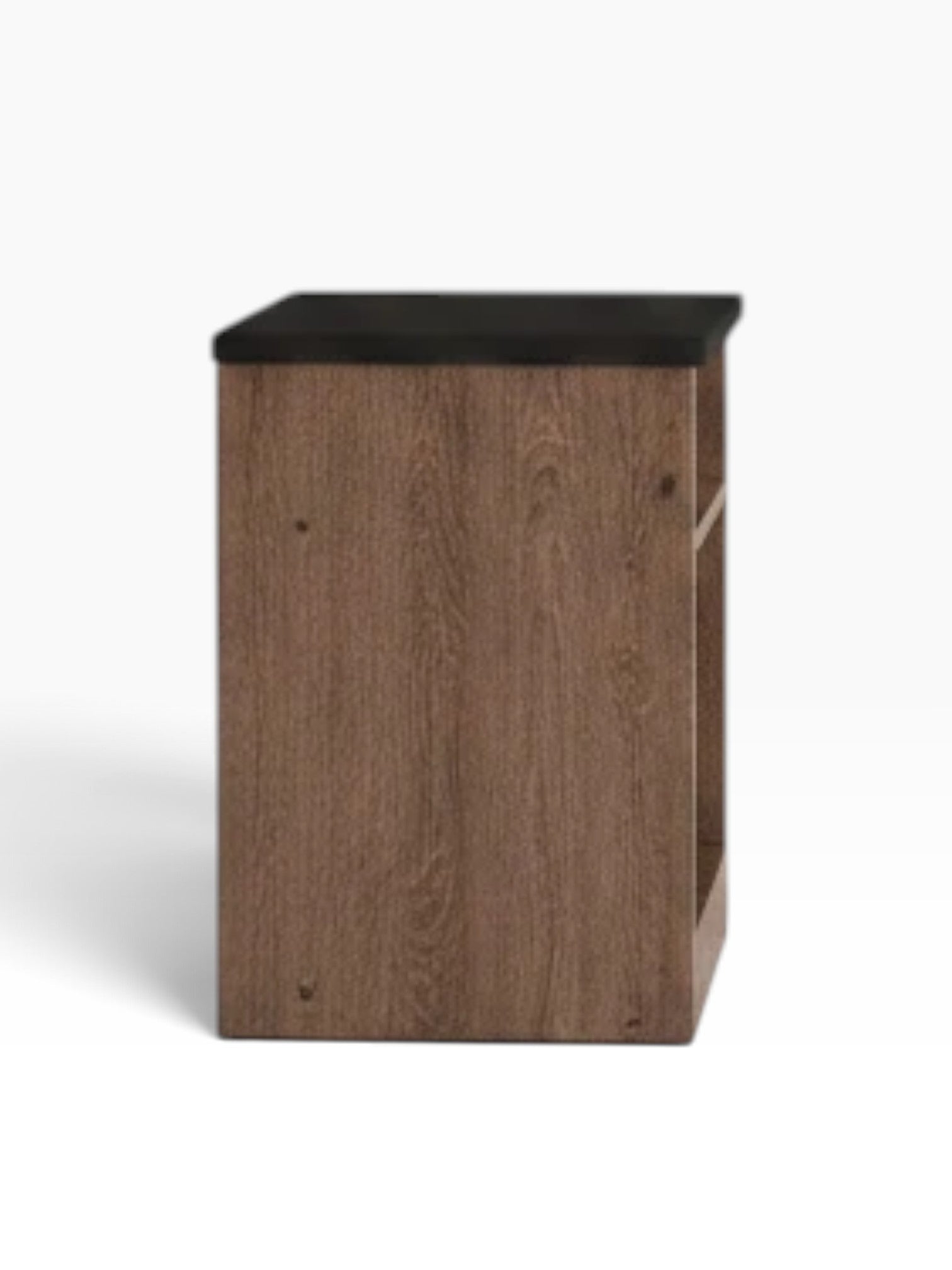 Valiant Products freestanding nightstand with a dark top and wood grain finish featuring two open storage shelves.