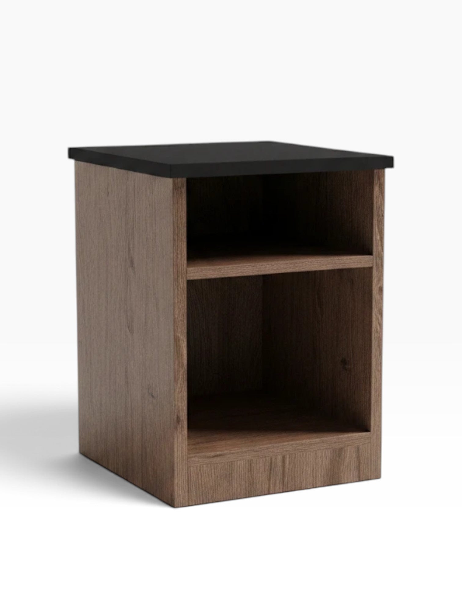 Valiant Products freestanding nightstand with a dark wood grain finish, black top surface, and two open storage shelves.