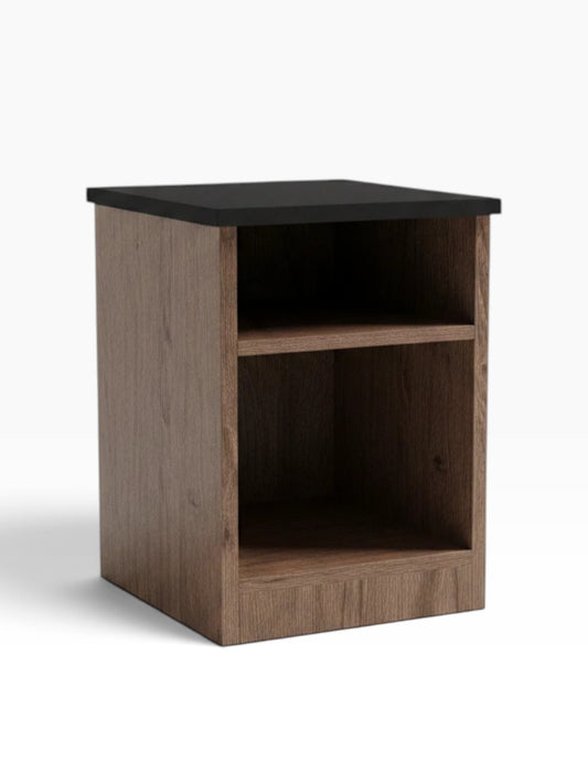 Valiant Products freestanding nightstand with a dark wood grain finish, black top surface, and two open storage shelves.