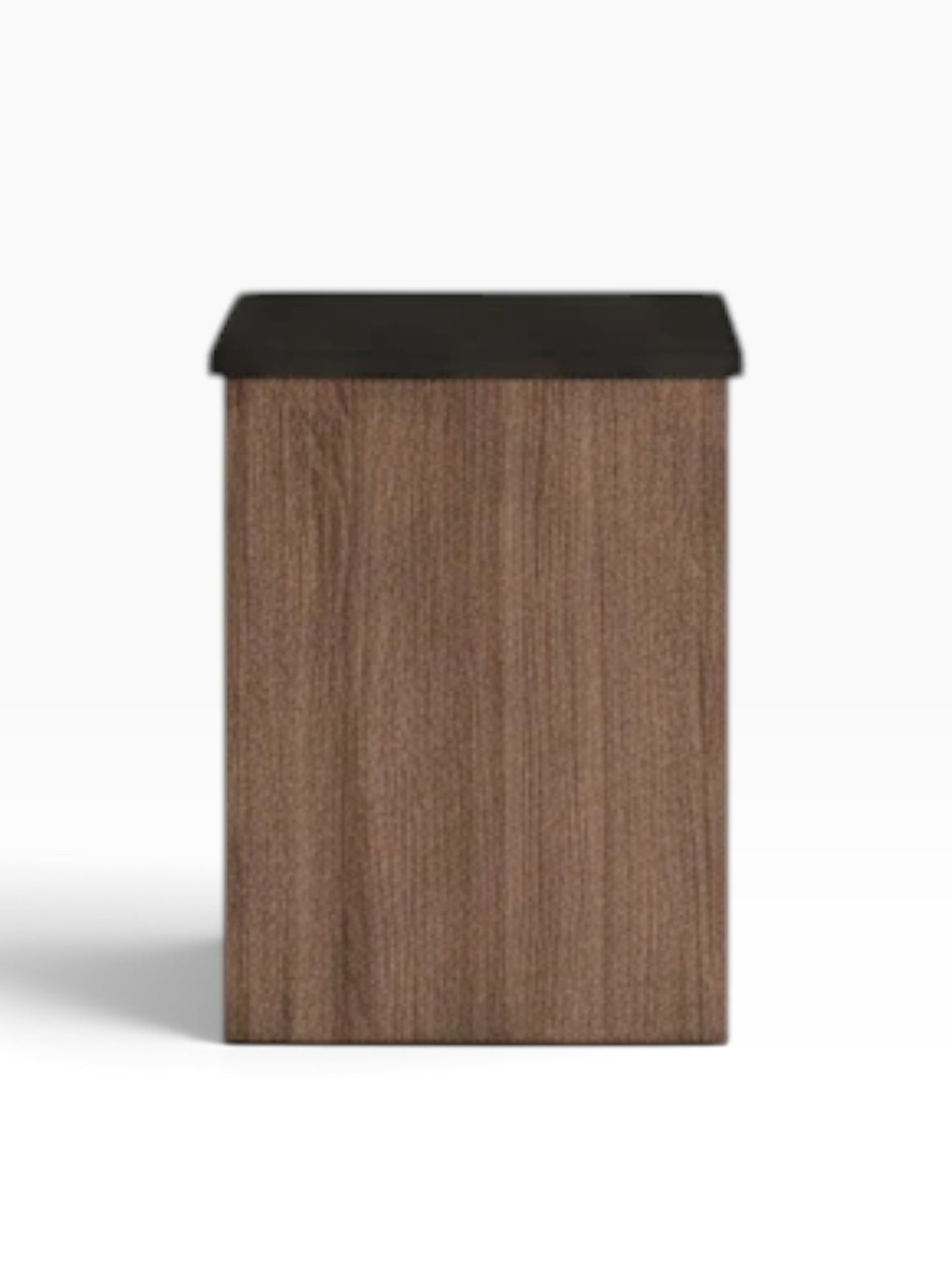 Valiant Products freestanding nightstand with a wood grain finish and a dark top surface, viewed from the side.