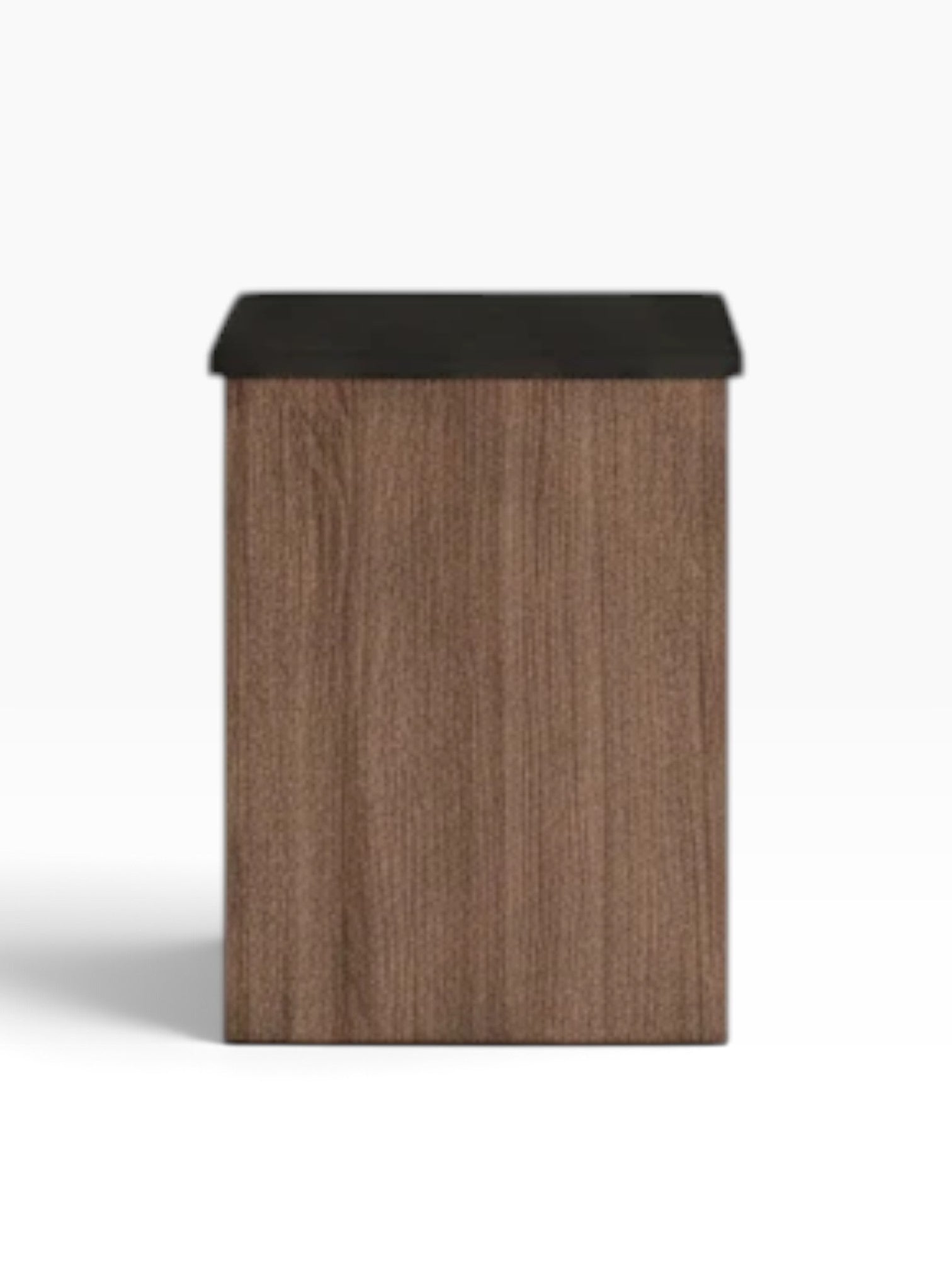 Valiant Products freestanding nightstand with a wood grain finish and a dark top surface, viewed from the side.