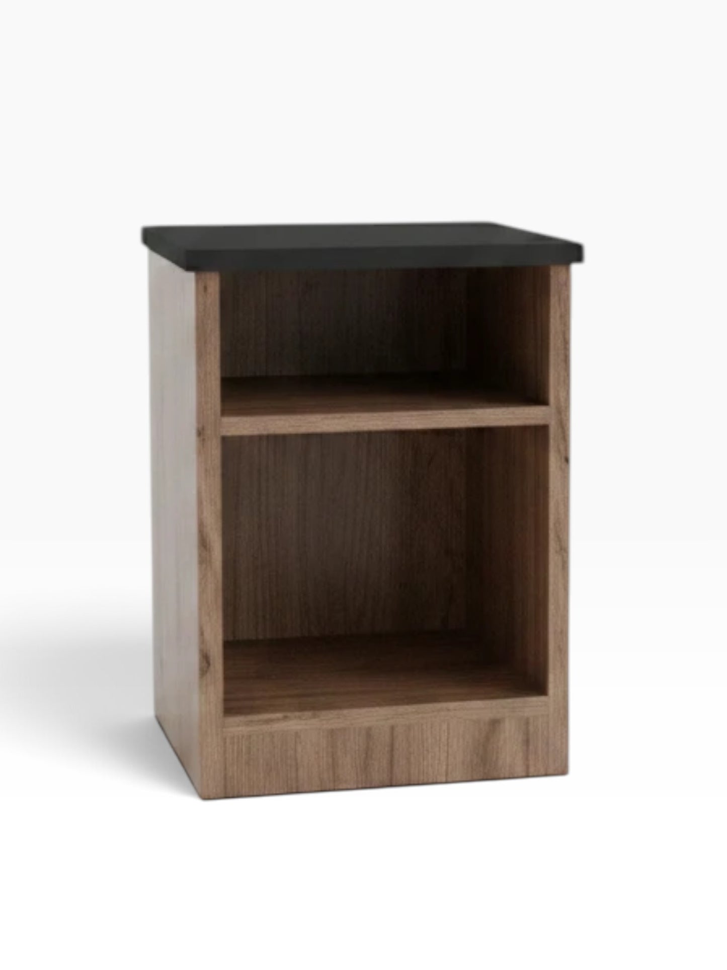 Valiant Products freestanding nightstand with a black top and brown wood grain finish featuring two open shelves.