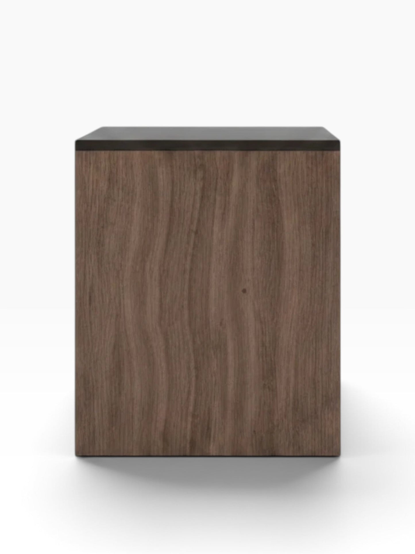 Valiant Products panel desk with a wood grain finish and a sleek black top, shown from a side profile view.