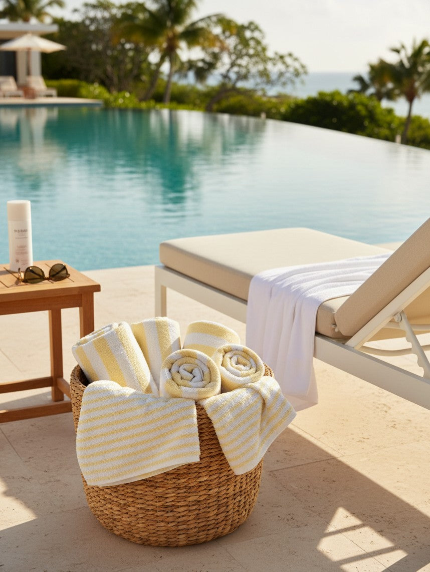 Valiant Products soft cotton pool towels with yellow stripes rolled in a wicker basket by a luxury resort pool